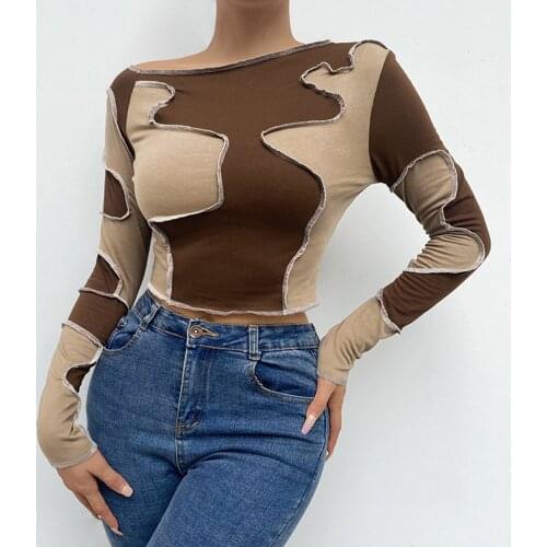 Female Patchwork T-Shirts Autumn Long Sleeve O-Neck Color Block Slim Wild Casual Stylish Basic Crop Tops Streetwear