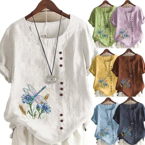 Summer Womens Printed Short-sleeved Round Neck Ladies Casual Cotton and Linen Shirt Plus Size Blouse S-5XL
