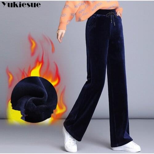 Women 2021 Autumn Winter New High Elastic Waist velvet Pants Elegant Wide Leg Workwear Trousers Female Casual Straight Pants