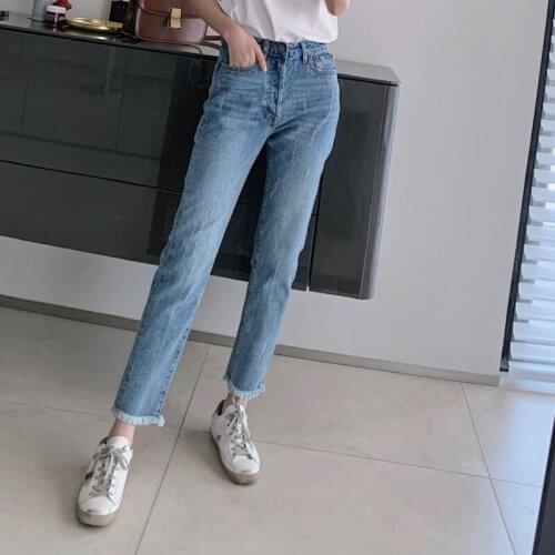 High-waisted, Thin, Loose, Straight, Raw, Washed, All-match Blue Cotten Women Jeans