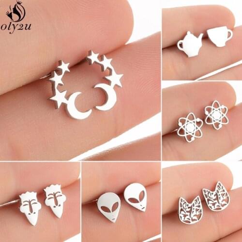 Stainless Steel Star Moon Mini Stud Earrings for Women Punk My Shape Chemistry Atom Earring Alien Ear Studs Kids Party Jewelry