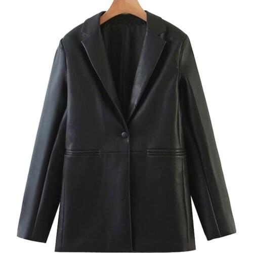 2021 New Women Fashion Faux Leather Single Button Blazers Coat Vintage Long Sleeve Pockets Female Outerwear Chic Tops