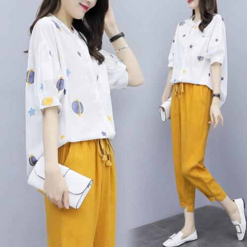 2021 Summer New Style Women Fashion Two-piece Set O-neck Single-breasted Printed Shirt + Pencil Pants Casual Fashion Suit Y689