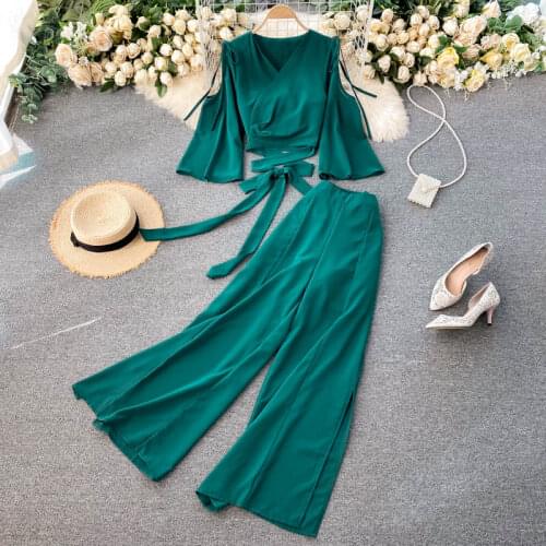 Bandage Crop Top And Wide Leg Pants Fashion Women Suit Set New 2021 Spring Korean Ladies Solid Chiffon Two Piece Outfits Clothes