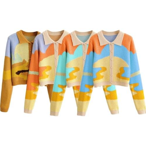 2021 New Womens Tops Spring Fall Button Down Sweater Tops Casual Long Sleeve Color Block Knitted Lapel T-Shirts