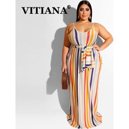 VITIANA Women Plus Size Loose Long Dress Summer 2019 Female Casual Sleeveless Striped Floor-Length Sexy Dresses With Belt 5XL