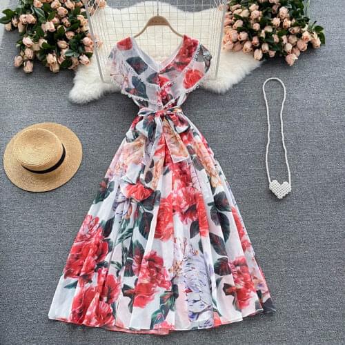 Europe Style Fashion Summer Elegant Women V Neck Ruffles Vintage Floral Print Midi Dress With Belt Ladies Party Dresses Vestido