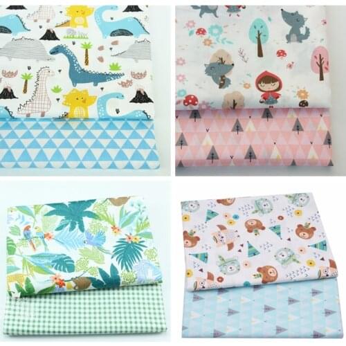 2PCS Dinosaur, Fox Cartoon Twill Printed 100% Cotton Fabric For Baby Sewing Quilting Fat Quarters Child DIY Patchwork Fabric
