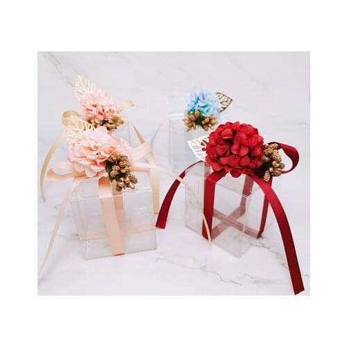 20Pcs/lot Candy Boxes PVC Transparent Wedding Favors and Gifts Box Square Flower Ribbon Romantic Packaging Box Party Gift Bag
