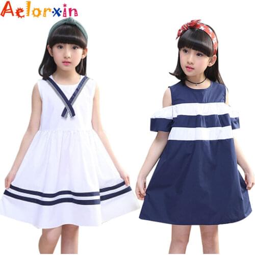 2018 Kids Dresses For Girls Preppy Off Shoulder Girls Dresses Cotton Striped Teenage Princess Party Dress 4 5 7 9 11 13 14Years