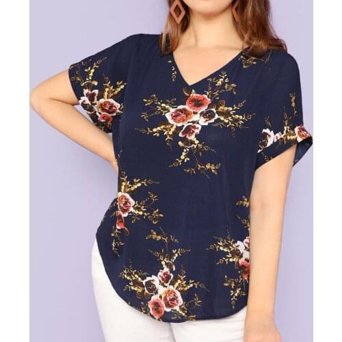 40#Floral Print Blouse Women Plus Size V-Neck Short Cuffed Sleeve Casual Top Harajuku Elegant Vintage Aesthetic Clothes Shirts