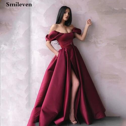 Smileven Plus Size Prom Dresses A Line Satin Princess Front Split Formal Evening Dresses Off The Shoulder Party Gowns