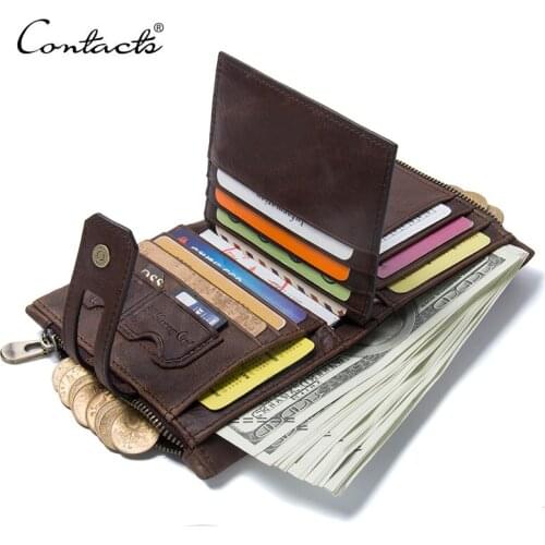 CONTACTS Genuine Crazy Horse Leather Mens Wallet Man Cowhide Cover Coin Purse Small Brand Male Credit ID Card Holder 20PCS/lot