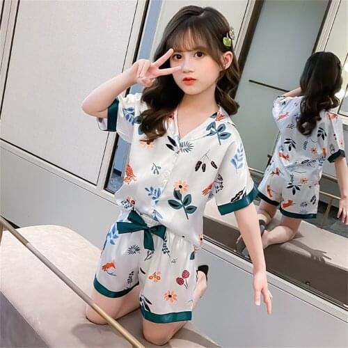 Childrens pajamas girls summer ice silk short sleeve thin suit little girl baby cute foreign princess home service