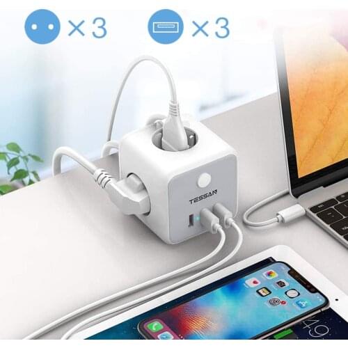 TESSAN EU Plug Socket Travel Power Strip with 3 AC Outlets 3 USB Ports On/Off Switch 1.5m Extension Cord for Smartphone, Laptop