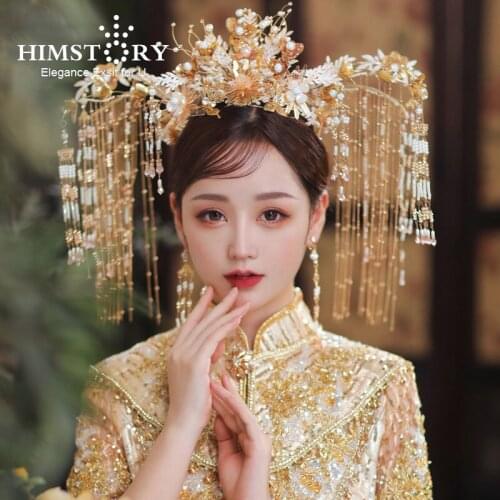 HIMSTORY Vintage Chinese Gold Wedding Queen Coronet Crown Costume Bridal Headpiece Tassels Head Jewelry Wedding Accessories