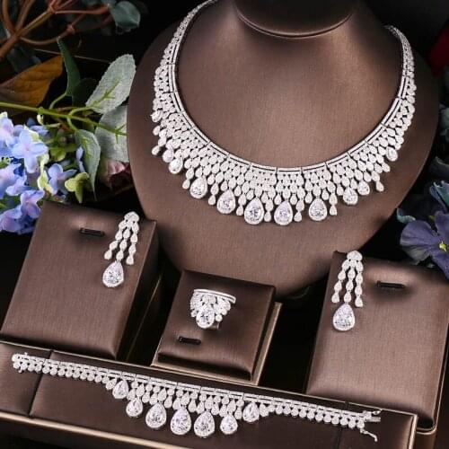 Janekelly Luxury cubic zirconia necklace bracelet earrings and ring 4pcs dubai wedding jewelry set for women,bridal dress dinner