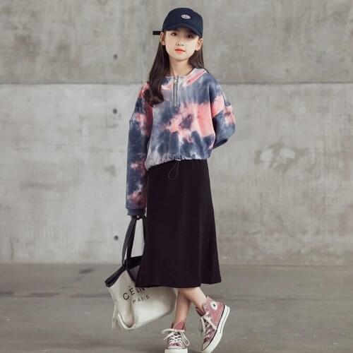 Children Clothing Sets Autumn Girls Hoodies Coats + Long Sleeve Black Dress 2 Pcs Set Kids Girl Clothes Suit 8 10 12 14 16Y