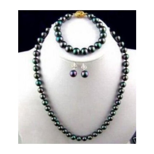 Free shipping luxury Noble jewelry SET 9-10MM NATURAL TAHITIAN BLACK PEACOCK PEARL NECKLACE BRACELET EARRING