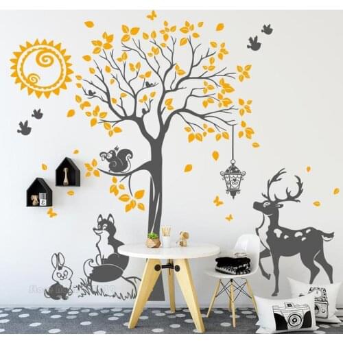 Wall Decal The Wood Of The Sun Trees Wall Sticker Deer Fox Bunny Squirrel Bird Mural Baby Kids Room Decor Vinyl Wall Art LL914