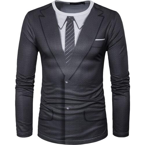 Novelty Men T Shirts Tie Printing Tee Shirt Homme Brand New O Neck Long Sleeve Funny T-shirt Men/Women Casual Slim Fit Top Tees