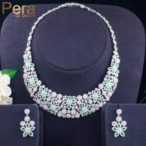 Pera Brand Design Large Flower Drop Green Cubic Zirconia Gorgeous Bridal Wedding Choker Necklace Jewelry Sets for Women J372