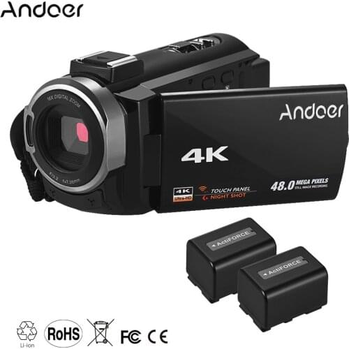 Andoer Portable 4K HD Digital Video Camera Camcorder WiFi Connection IR Night Vision Hot Shoe Mount with 2pcs Batteries