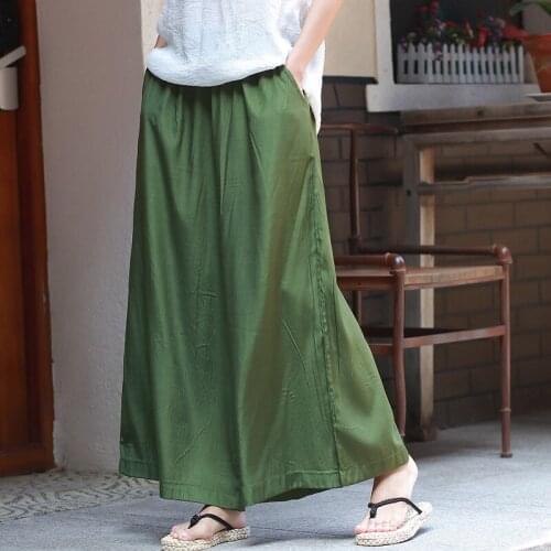 Spring Summer Women Loose Thin Retro Lace Up Pants Girls Long Wide Leg Pants Flat Vintage Green Trousers Elastic Waist Plus Size