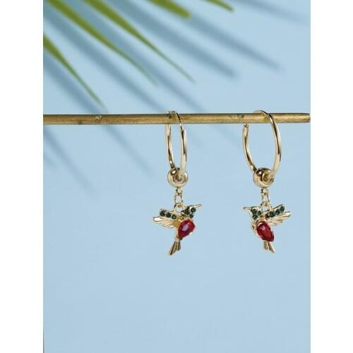 Temperamental Cute Red Blue Hummingbird Hoop Earrings Creative Geometry Shining Cartoon Crystal Bird Pendant Earrings