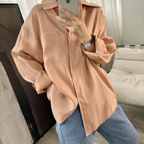 2020 Women Satin Material Turn Down Collar Long Sleeve Spring Womens Tops And Blouses Casual Shirt Blusas Roupa Feminina