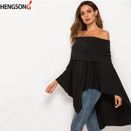 New Womens Casual Solid Slash Neck Off Shoulder Batwing Sleeve Shirt Loose Irregular Blouse Autumn