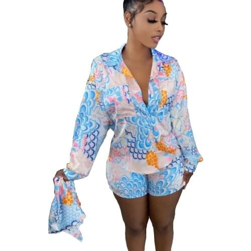 2021 Summer Matching Shorts Sets Fashion Temperament New Exotic Print Y2K Long Sleeve Shirt Female High Waist Slim Shorts Suit