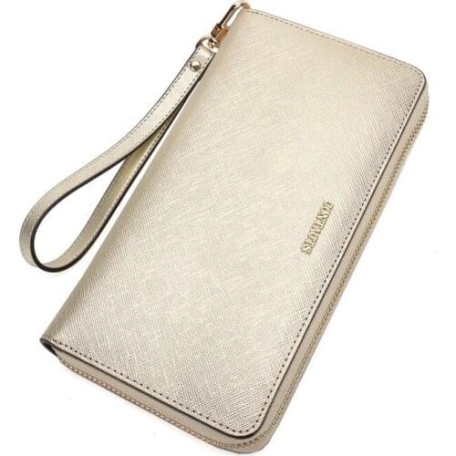 Cross-grain cowhide womens wallet fashion trendy with hand-carrying strap womens zipper clutch