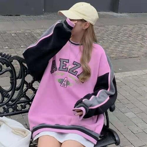 Pink Splicing Letter Print Loose Vintage Sweatshirt Women Aesthetic Long Sleeve Casual Autumn Winter Pullover Women Coat Fashion
