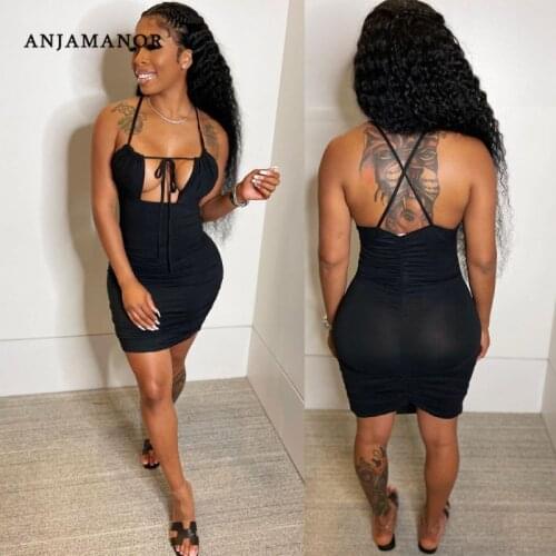 ANJAMANOR Sexy Solid Color Hollow Out Backless Bodycon Mini Dresses for Women New 2021 Club Wear Wholesale Items D58-BG17