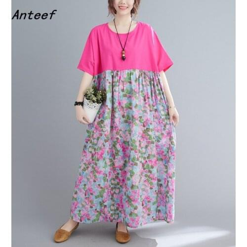 Short sleeve cotton vintage floral dresses for women casual loose long woman summer dress elegant clothes 2021