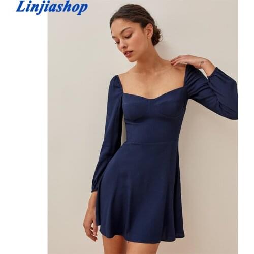 Vintage Solid Color Women Dress Sexy Square Neck Long Sleeve A-line Chiffon Dress Casual Summer Mini