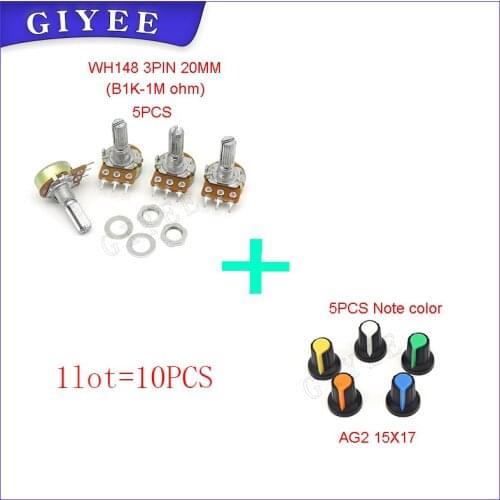 10PCS 20mm Shaft WH148 Potentiometer Kit Single Joint B1K 2K 5K 10K 20K 50K 100K 250K 500K 1M ohm 3Pin With AG2 Cap