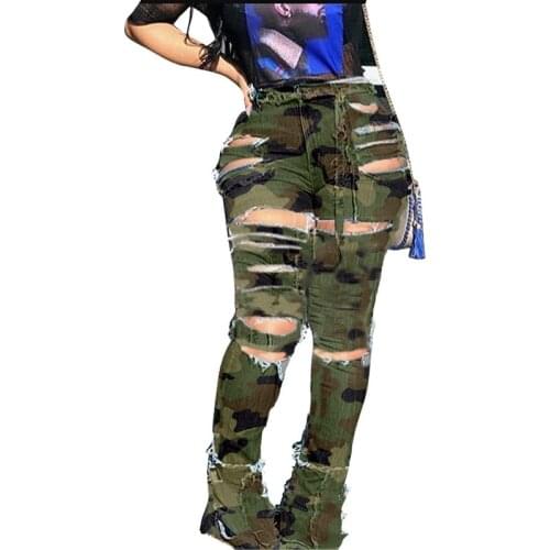 2020 Fashion Camouflage Jeans Woman Distressed Zipper Fly Ripped Skinny Cotton Plus Size High Waist Jeans Summer Women Jeans