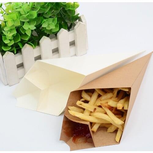 50pcs Creative Cone Shape Bag Disposable French Fries Box Waterproof And Anti-Oil Food Grade Kraft Paper Box Fried Food Package