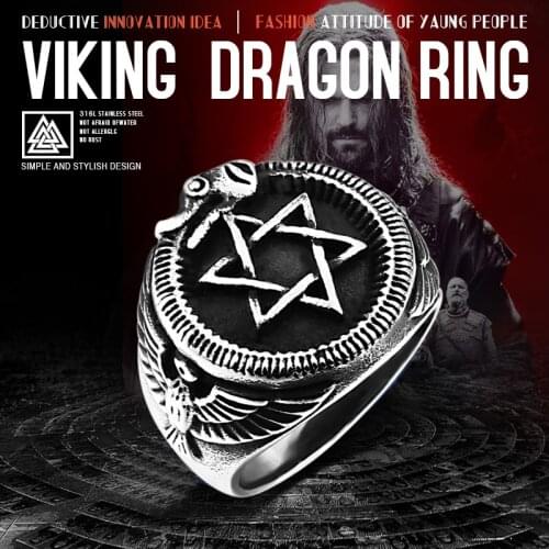 Beier 316L Stainless steel Norse Viking Pentagram Odin 's Symbol Dragon Runes Amulet bird animal Ring for men jewelry LR572