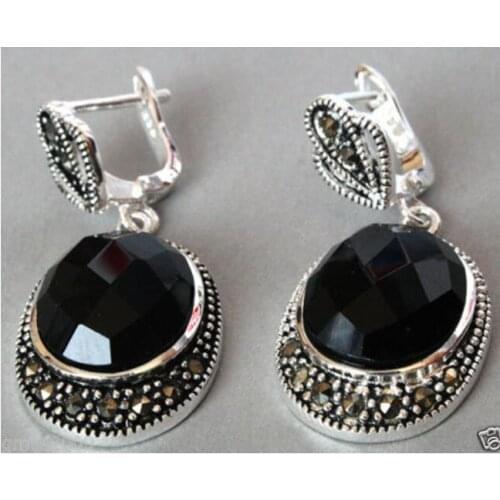 Bohemian brincos boucle earring Pendientes Vintage 925 Sterling Natural Faceted Black STONE Onyx Marcasite Earrings