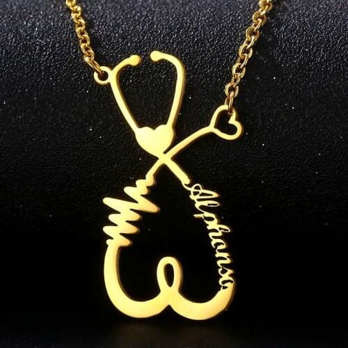 Custom Stethoscope Name Necklace Stainless Steel Pendant Women Jewelry Personalized Customized Gold Electrocardiogram Necklace