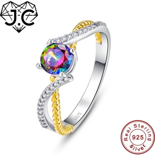 J.C Round Cut Mystic Rainbow White Topaz 925 Sterling Silver Gold Ring Size 6 7 8 9 Women Wedding Fine Jewelry Gift