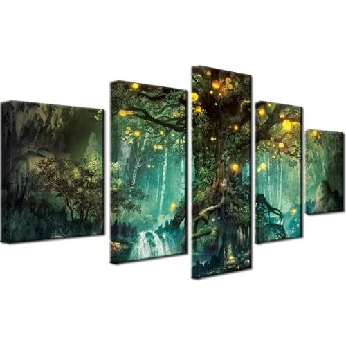 Canvas Wall Art Pictures Frames Living Room 5 Pieces Enchanted Tree Scenery Paintings Home Decor HD Printed Magic Forest Posters