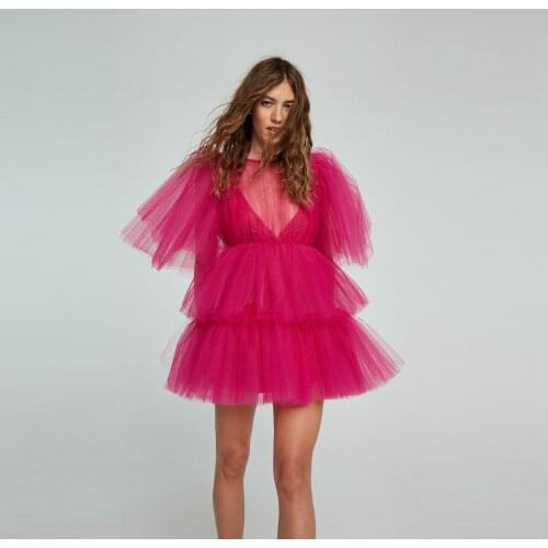 Fuchsia Classic Casual Women Dress See Thru Tulle Ruffle Layered Mini Dress Sexy Evening Dress Prom Dress Custom Made Plus Size