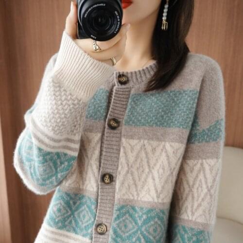 2021 Spring And Autumn Winter New Womens O-Neck Shirt Loose-Fitting Outer Plaid Sweater Knitted Cardigan Jacket 100% Wool