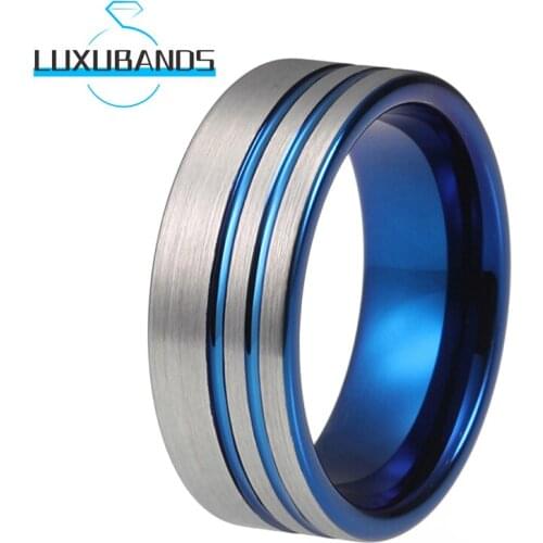 8MM Tungsten Carbide Rings For Men Wemen Engagement Bands Blue Offset Two Grooved Brushed Finished Comfort Fit