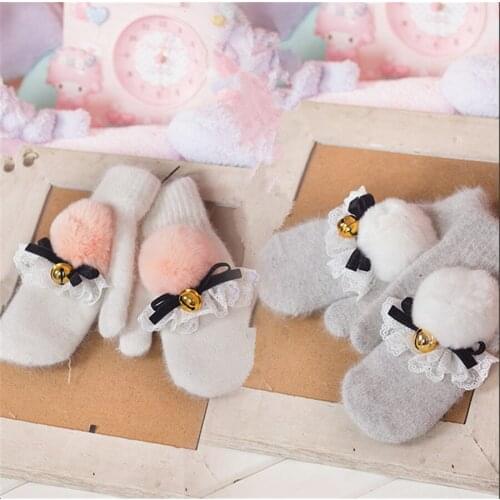 Lolita Womens Cute Bow Bell Mittens Gloves Christmas Winter Warm Kawaii Students Gloves D468