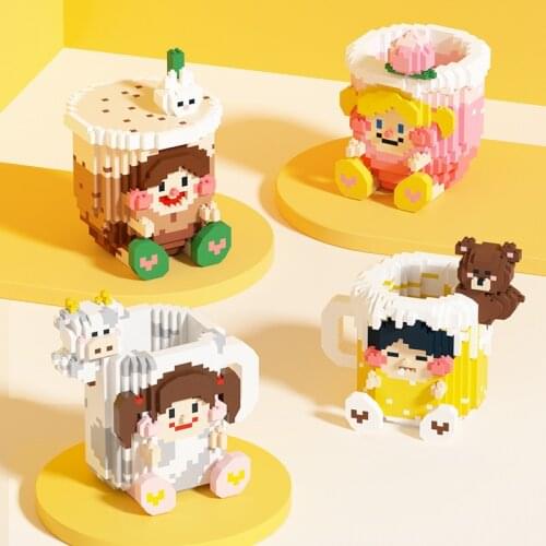 Cute Cartoon Milk Tea Cup Micro Building Blocks Toys DIY 3D Cow Pen Container Mini Diamond Brick For Kid Student Christmas Gift